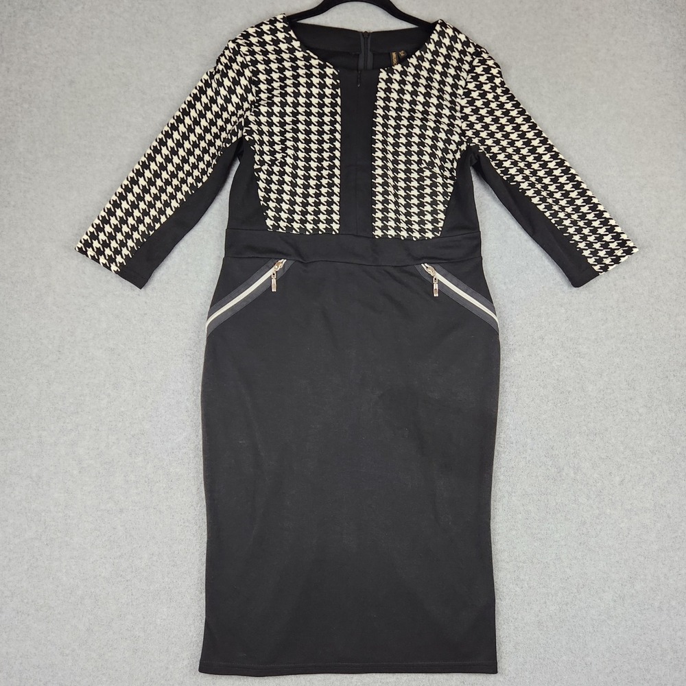 Miusol Womens XL Black White Houndstooth Sheath Dress 3/4 Sleeve Zipper Pockets